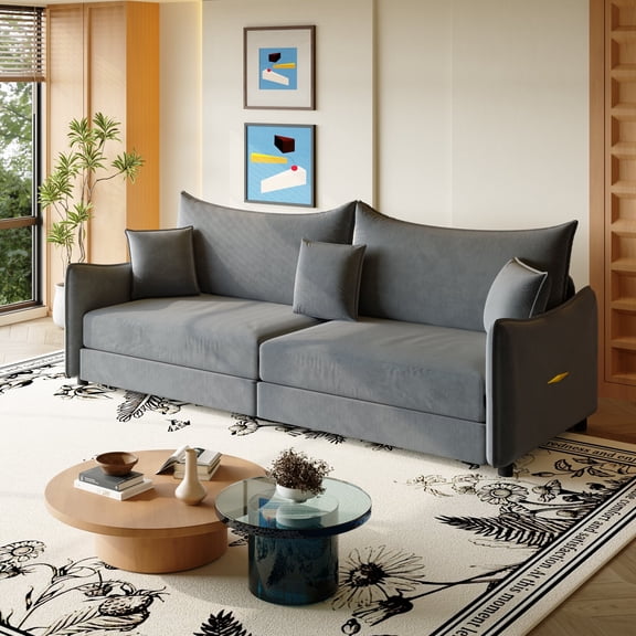 82" King Pull Out Sofa Bed, 3-in-1 Velvet Fabric Convertible Sleeper Couch with Metal Edge Trim and Armrest, Modern 3-Seater Couch with 3 Pillows for Small Space, Living Room, Apartment, Dark Grey
