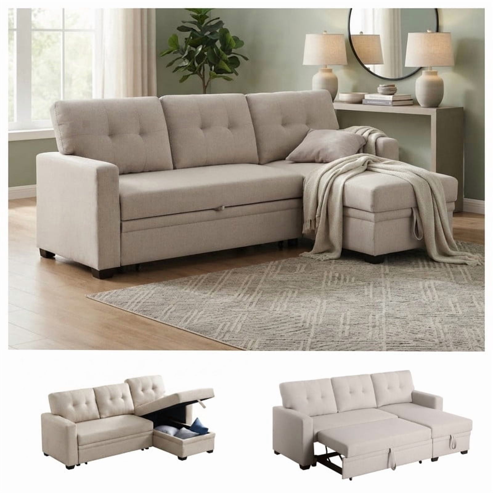 82" L-Shaped Convertible Sleeper Sectional Sofa with Pull-Out Bed, Storage Chaise, Removable Back Cushions, Modular Corner Couch for Living Room, Apartment, Home Office