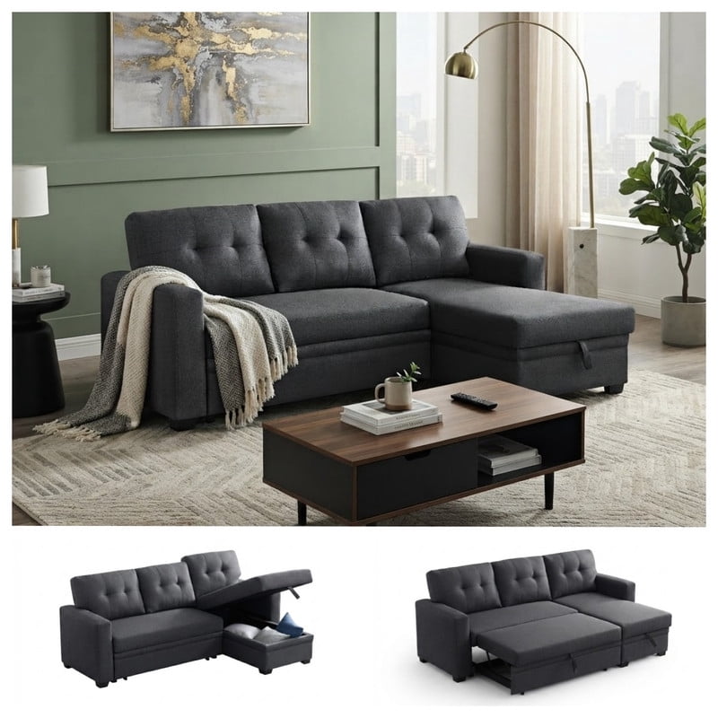 82" L-Shaped Convertible Sleeper Sectional Sofa with Pull-Out Bed, Storage Chaise, Removable Back Cushions, Modular Corner Couch for Living Room, Apartment, Home Office
