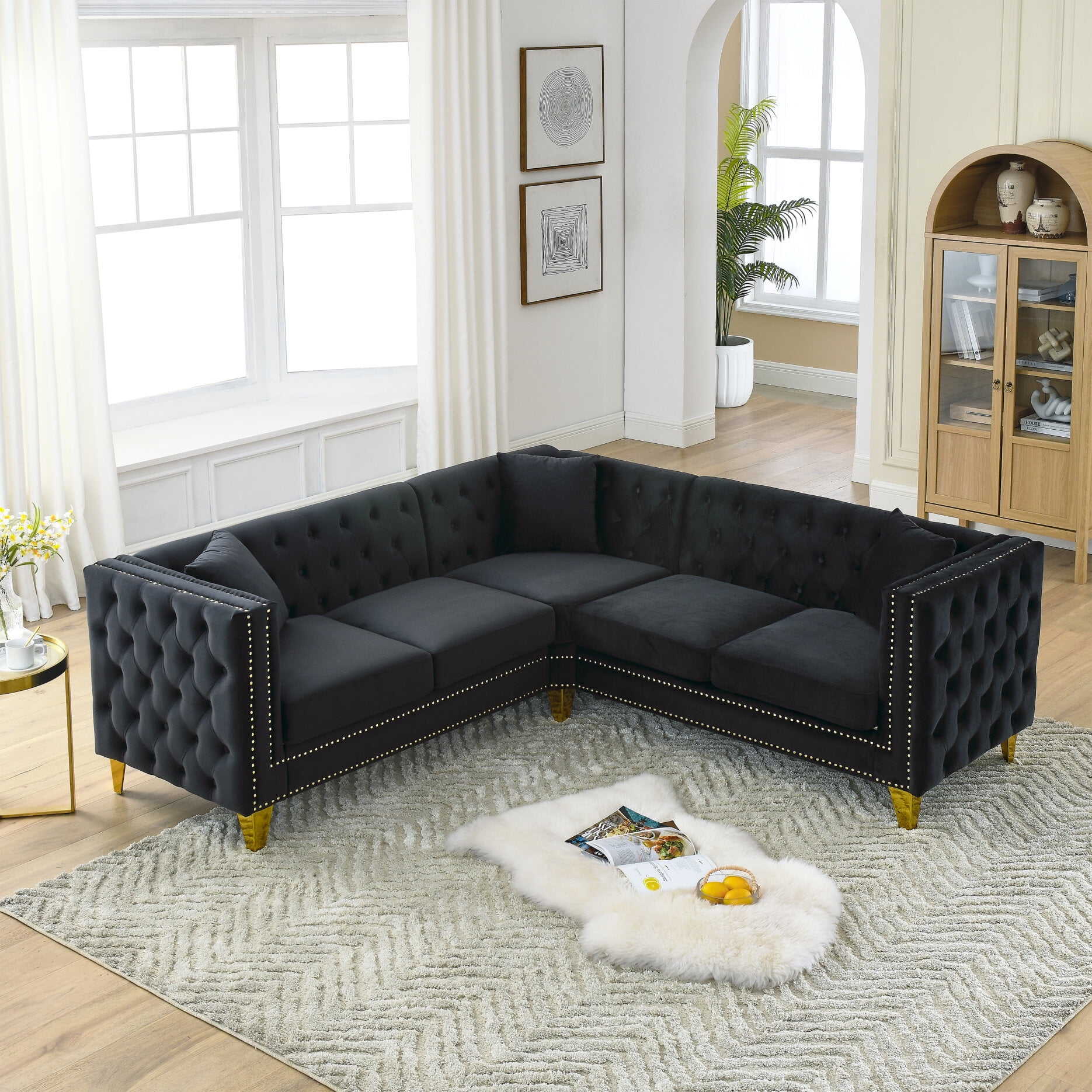 82" LShaped Sectional Sofa, Button Tufted Upholstered Velvet Corner