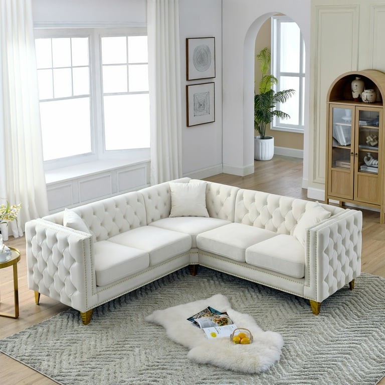 82 L Shaped Sectional Sofa Velvet Upholstered Button Tufted 5 Seater Couch with Nailhead Trims Accent Corner Sofa with 3 Pillows and Metal Legs for Living Room Apartment Office Beige Walmart