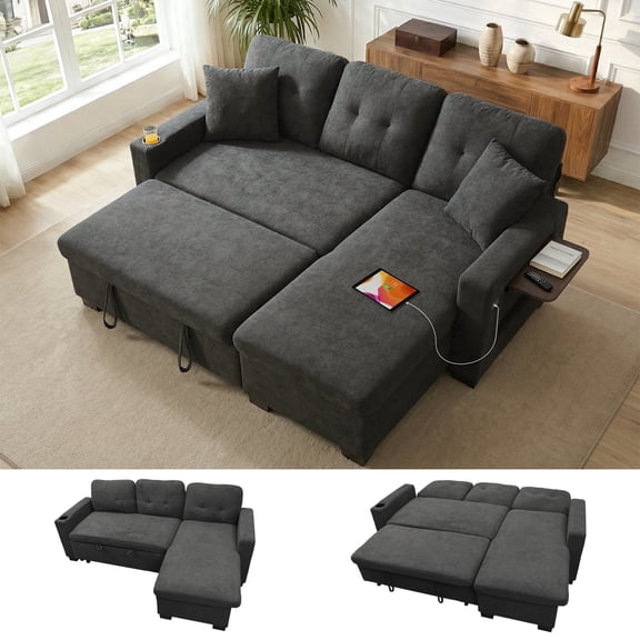 82" L Shaped Sleeper Sofa Bed, Pull Out Sectional Couch with Storage Chaise/Reclining Backrest, Sectional Couches for Living Room with USB Port, Foldable Table, Cup Holder, Side Pocket, Deep Grey