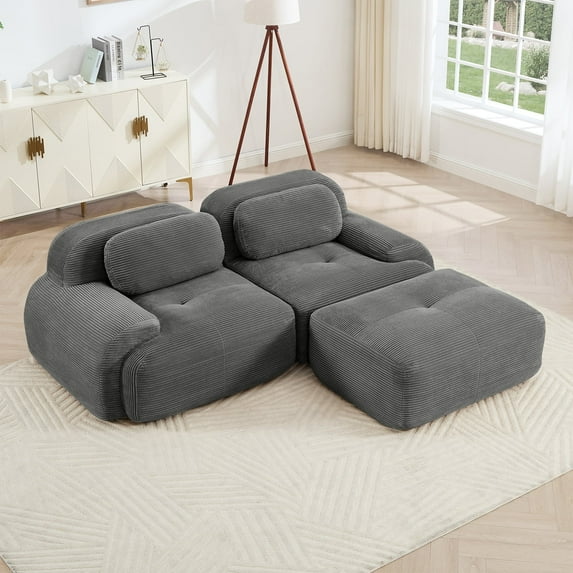 80" Modern Compressed Boneless Love Seat Couches with 1 Ottoman, 2 Seater Large Sectional Couches for Living Room, Gray Corduroy Cloud Modular Sectional Sofa, Memory Foam, Deep Loveseat, No Assembly