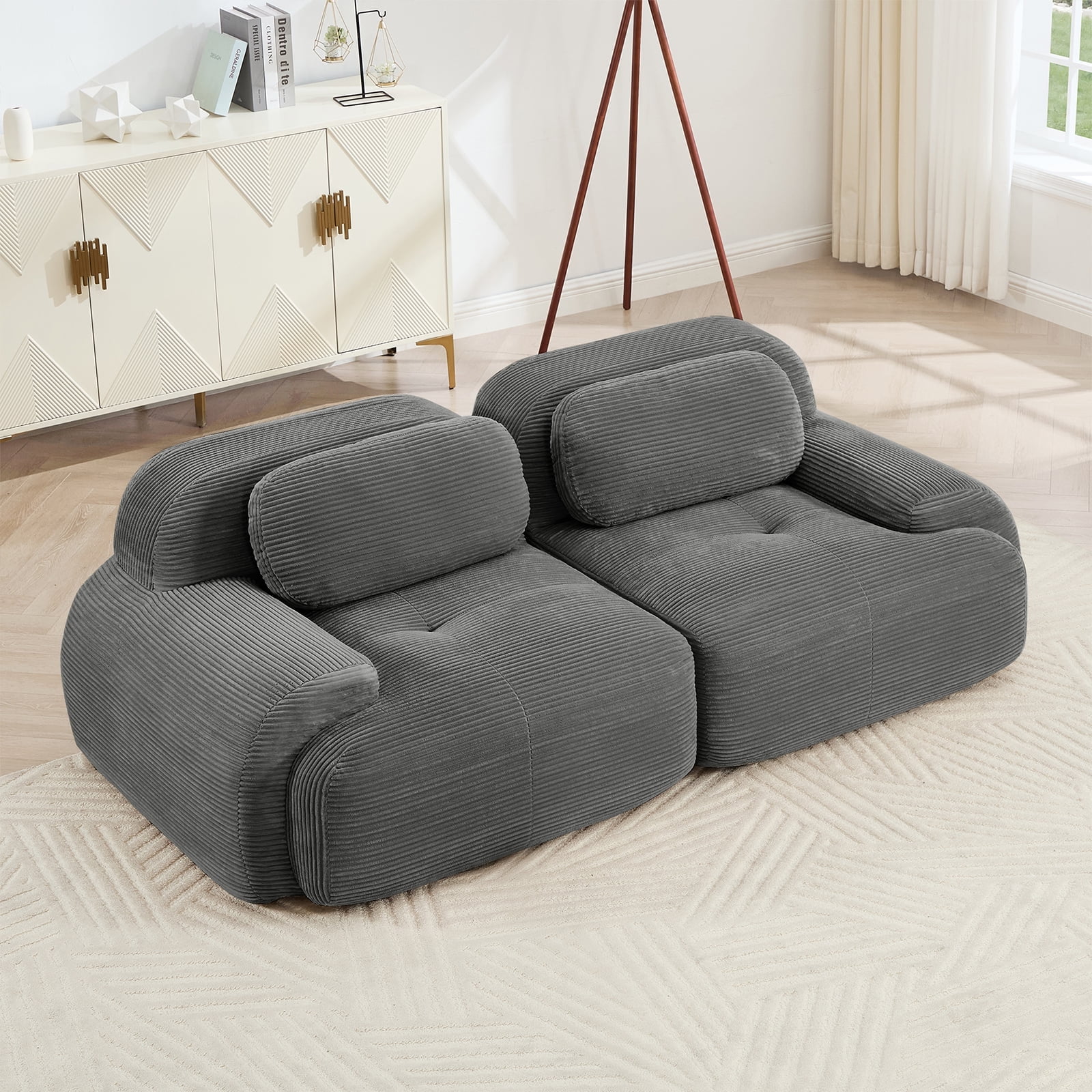 80" Modern Compressed Boneless Love Seat Couches, 2 Seater Large Sectional Couches for Living Room, Gray Corduroy Cloud Modular Sectional Sofa, Memory Foam, Extra Deep Loveseat, No Assembly