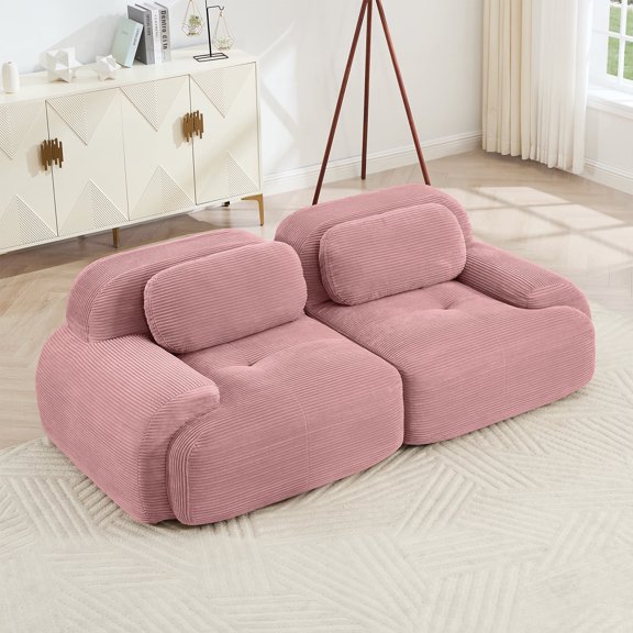 80" Modern Compressed Boneless Love Seat Couches, 2 Seater Large Sectional Couches for Living Room, Pink Corduroy Cloud Modular Sectional Sofa, Memory Foam, Extra Deep Loveseat, No Assembly