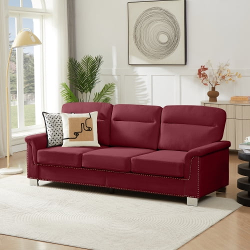 82" Modern Compressed Sofa with Snowfleece Fabric, 3-Seater with Rolled Arms & Nailhead Trim, High-Density Foam with Spring Pack, for Living Room, Bedroom, Office, Burgundy