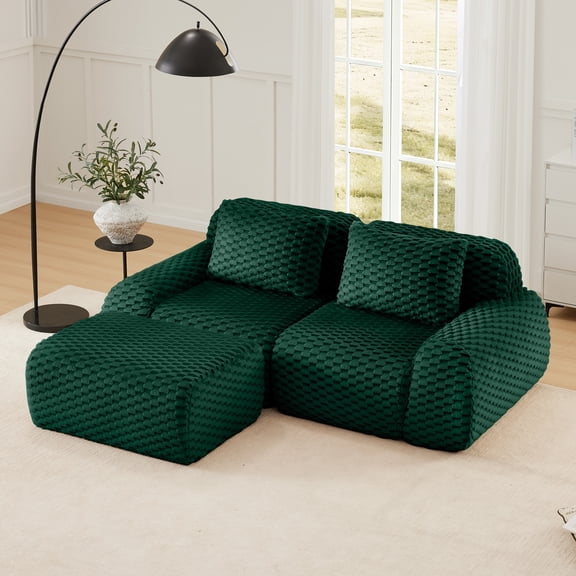 82" Modern L-Shaped Modular Sectional Sofa, Flannelette Fabric Oversized 2-Seater Deep Seat, Boneless with Movable Ottoman, Buckle Connection Anti-slip No Assembly, Green