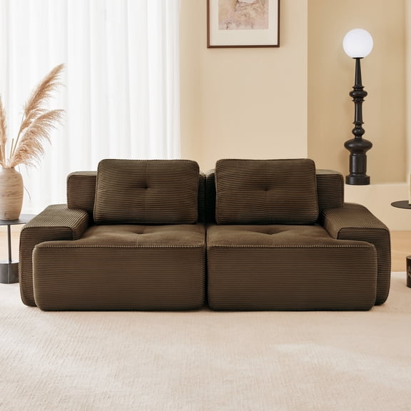 82" Modern L-Shaped Modular Sectional Sofa for Living Room, Corduroy Fabric, 2-Seater Couch with Deep Seat, Pearl-Like Piping, Tufted Design, No Assembly, Anti-Slip Design, Brown