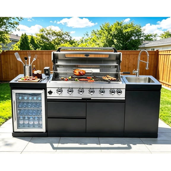 82" Modular Outdoor Kitchen Island with 6-Burner 85,000 BTU Stainless Steel Propane Grill, Rotisserie, Refrigerator, Sink & Granite Countertop
