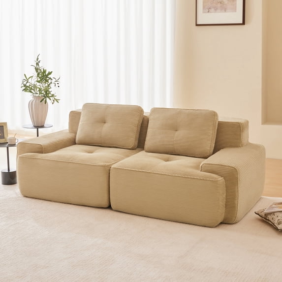 82" Modular Sectional Sofa, Corduroy Fabric Square Couch with Deep Seats, Tufted Design, Pearl-Like Piping, No Assembly Required, Anti-Slip Base, for Living Room, Camel