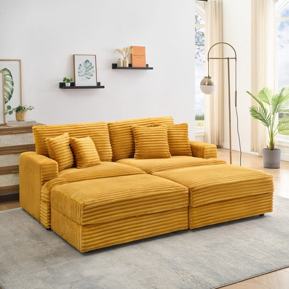82" Oversized Corduroy Sofa for Living Room, 3-Seater Soft Corduroy Upholstery Couch with 2 Storage Ottoman, Modern Comfy Sofa with 4 Toss Pillows for Apartment or Office, Orange