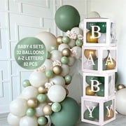 82 PCS Baby Shower Decorations for Boy Or Girl Kit - Transparent Baby Block Balloon Box Includes BABY, Alphabet Letters White Sage Green Gold Balloons
