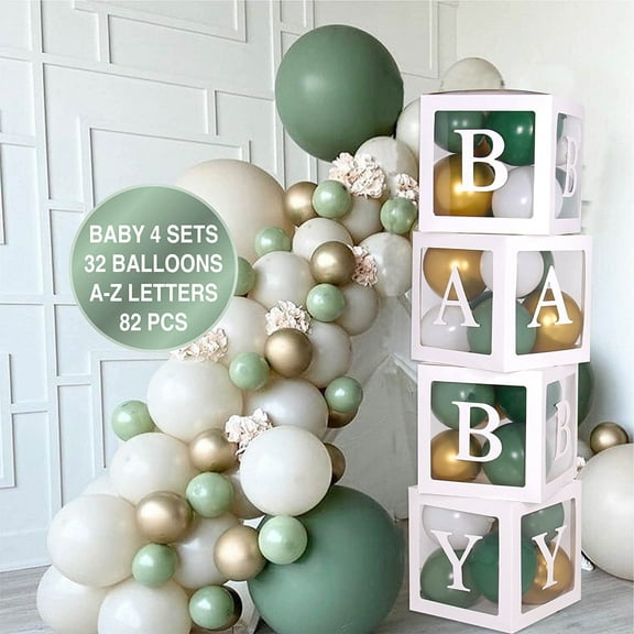 82 PCS Baby Shower Decorations for Boy Or Girl Kit - Transparent Baby Block Balloon Box Includes BABY, Alphabet Letters White Sage Green Gold Balloons