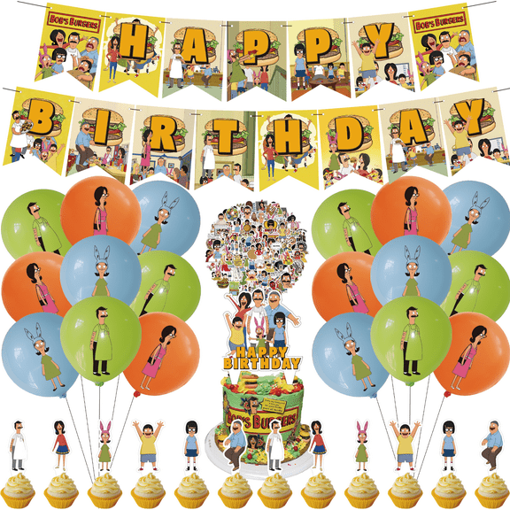82 PCS For Bobs Burgers Theme Birthday Party Decorations,Party Supply Set with 18 Balloons 1 Happy Birthday Banner Garland,50 Stickers,13 Cupcake Toppers