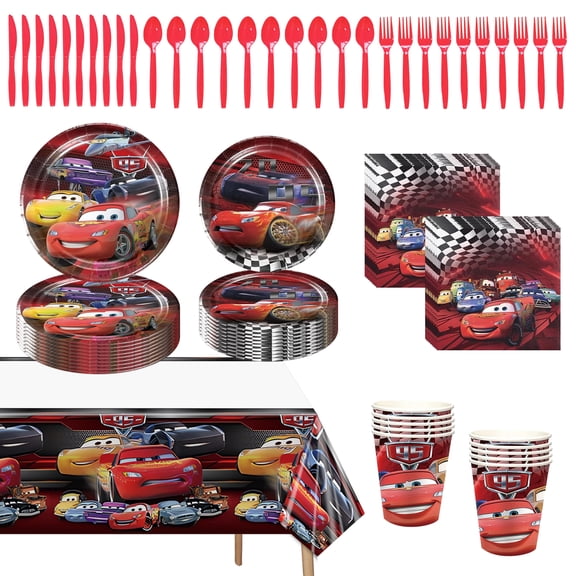 82 PCS Cars Tableware Sets, Sea Paper Plates and Napkins Set Includes Paper Plates, Napkins, Paper Cups, Tablecloths, Plastic Forks/Spoons/Knives for Party Decorations