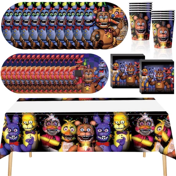 82 PCS Five Nights Tableware Sets, FNAF Birthday Party Paper Plates and Napkins Set Includes 40 PCS Plates, 20 PCS Napkins, 20 PCS Paper Cups, 2 Tablecloth for Birthday Party Supplies