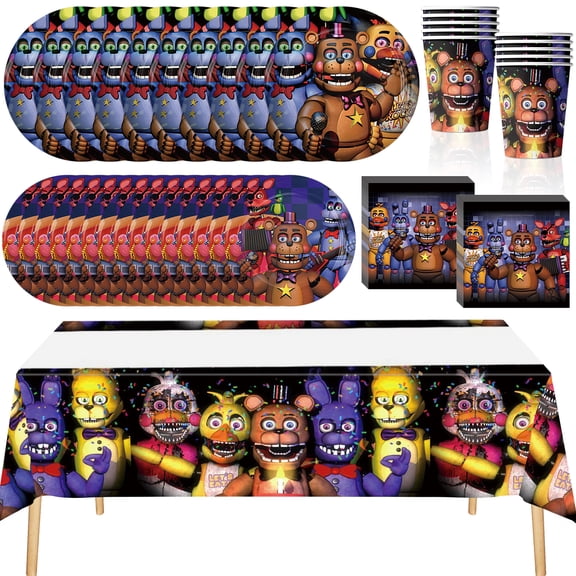 82 PCS Five Nights Tableware Sets, FNAF Birthday Party Paper Plates and Napkins Set Includes 40 PCS Plates, 20 PCS Napkins, 20 PCS Paper Cups, 2 Tablecloth for Birthday Party Supplies