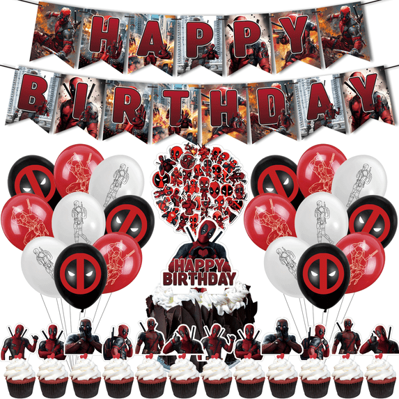 82 PCS For Deadpool Theme Birthday Party Decorations,with 1 Happy Birthday Banner Garland 18 Balloons,50 Stickers,13 Cupcake Toppers Party Supply Set
