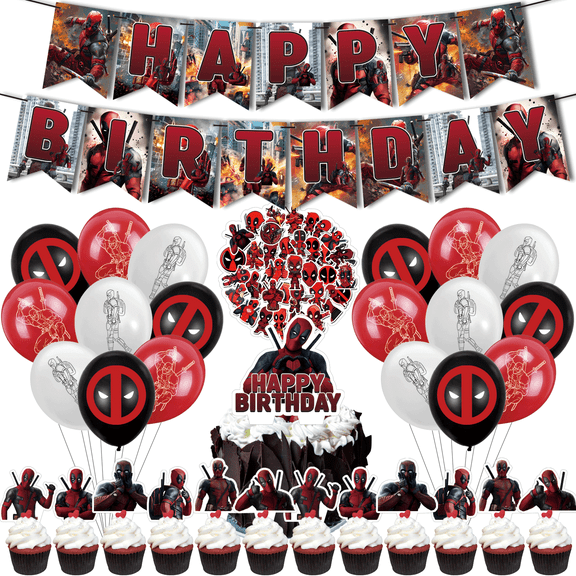 82 PCS For Deadpool Theme Birthday Party Decorations,with 18 Balloons 1 Happy Birthday Banner Garland,50 Stickers,13 Cupcake Toppers Party Supply Set