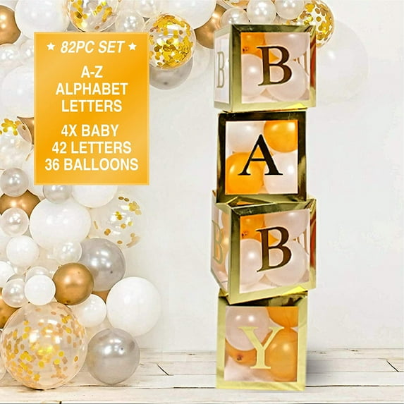 82 PCS Gold Neutral Baby Shower Decorations for Boy or Girl - Jumbo Transparent Baby Block Balloon Boxes, BABY, A - Z Letters DYI Gold White Pink Blue Balloons | Gender Reveal Party Supplies Birthday