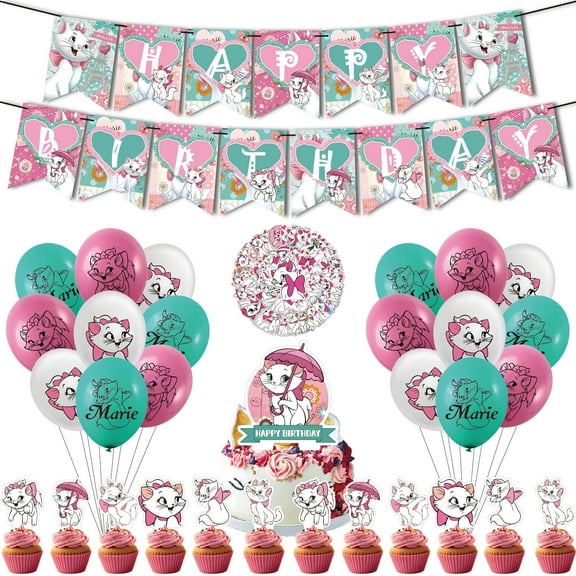 82 PCS For Marie Aristocats Cat Cartoon Theme Birthday Party Decorations, with 50 Stickers,18 Balloons,1 Happy Birthday Banner Garland,13 Cupcake Toppers Party Supply Set