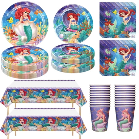 82 PCS PCS Mermaid Birthday Party Supplies, Princess Ariel Tableware Set Includes 40 PCS Plates, 20 PCS Napkins, 20 PCS Paper Cups, 2 Tablecloth, for Birthday Party Decorations