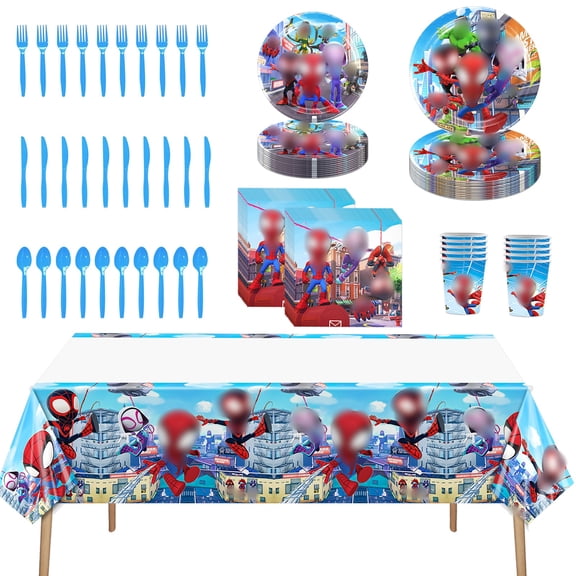 82 PCS Spider-friends Tableware Sets, Paper Plates and Napkins Set Includes Paper Plates Napkins Cups Tablecloth Plastic Spoons/Forks/Knives for Party Decorations