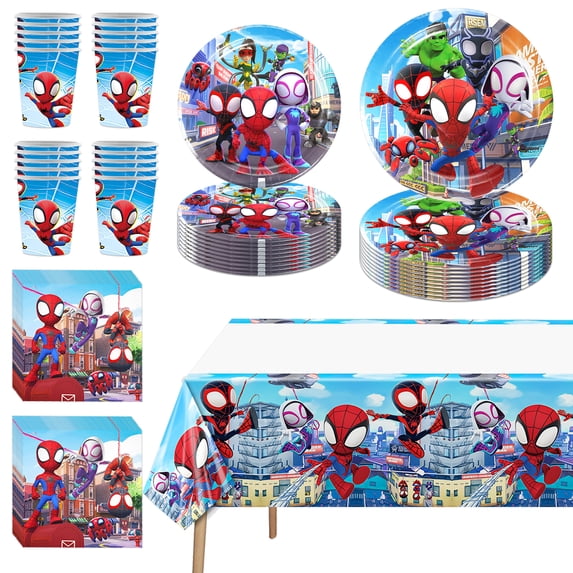 82 PCS Spidey Birthday Party Supplies, Birthday Party Paper Plates and Napkins Set Includes 40 PCS Paper Plates 20 PCS Napkins 20 PS Paper Cups 2 Tablecloth for Birthday Party