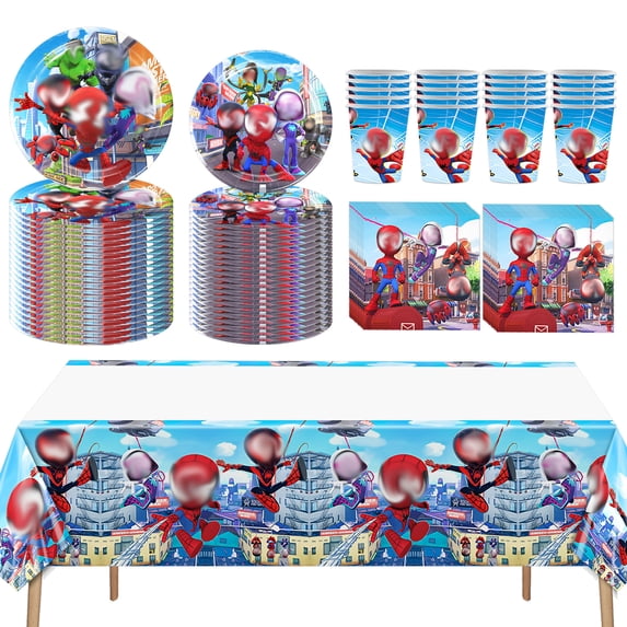 82 PCS Spidey Birthday Party Tableware Set, Spidey Plates and Napkins Set Includes Plates, Napkins, Paper Cups, Tablecloth for Birthday Decorations