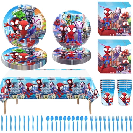 82 PCS Spidey Birthday Party Tableware Set, Spidey Plates and Napkins Set Includes Plates, Napkins, Paper Cups, Tablecloth, Plastic Forks/Spoons/Knives for Birthday Decorations