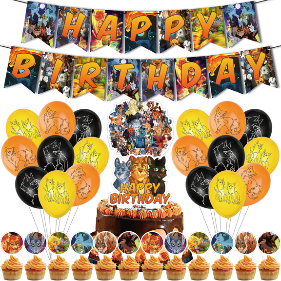 82 PCS For Warrior Cats Theme Birthday Party Decorations,Party Supply Set with 18 Balloons 1 Happy Birthday Banner Garland,50 Stickers,13 Cupcake Toppers