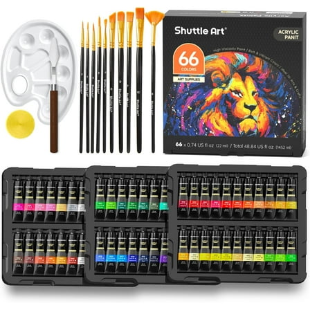 82 Pack Acrylic Paint Set, Shuttle Art 66 Colors Acrylic Paint with 10 Brushes, 22ml/0.74oz Tubes, Vibrant Colors,Painting Supplies for Kids, Adults Painting & Crafting on Canvas, Wood Ceramic