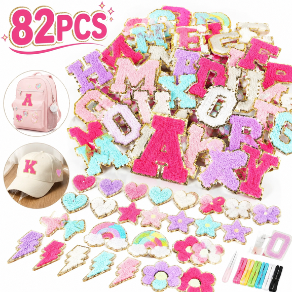 82-Pack Chenille Letter Patches with Sewing Kit, Adhesive Varsity Style A-Z Letters & Shapes, Gold Trim Patches for Backpacks, Hats, Jeans, Jackets & Crafts