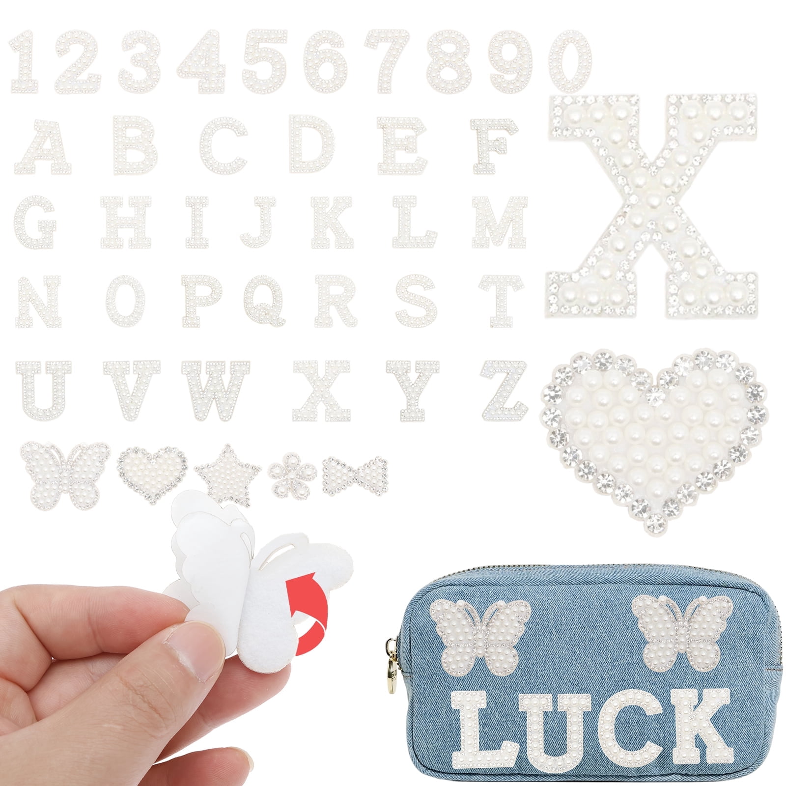 82-Pack Self Adhesive Imitation Pearl Letter Patches, A-Z & 0-9 Glitter Rhinestone Applique – for DIY Clothes, Bags & Shoes