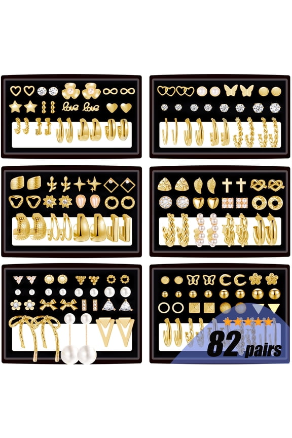 82 Pairs Gold Earrings for Women, Pearl Bow Small Hoop Stud Earrings Pack, Earring Set Multiple Piercing