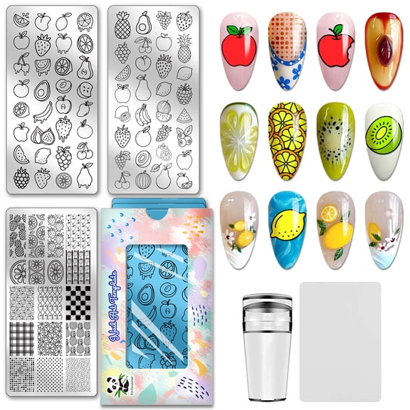 82 Patterns Fruit Nail Stamping Plates 3pcs Lemon Nail Art Stencils Pinnapple Grape Nails Art Templates Stawberry Orange Manicure Design Stencil DIY