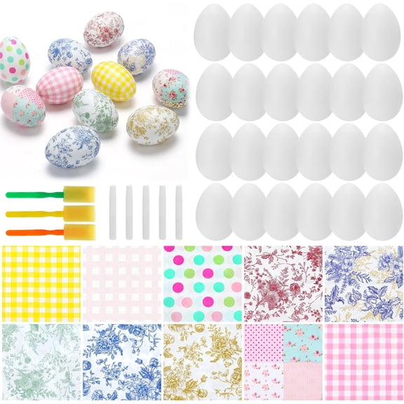 82 Pcs DIY Easter Egg Craft Kits Include 24 White Eggs 50 Decoupage Napkins 5 Glues 3 Sponge Brushes Easter Tree Hanging Ornaments Decorations Party Favors for Craft Activities Family Party