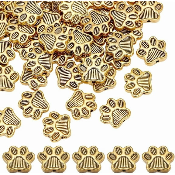 82 Pcs Paw Footprint Beads Gold Tibetan Style Alloy Dog Paw Print Loose Beads Large Hole Beads Doggy Puppy Paw Spacer Beads for Bracelet Jewelry Making 12x14x3.5mm Gold