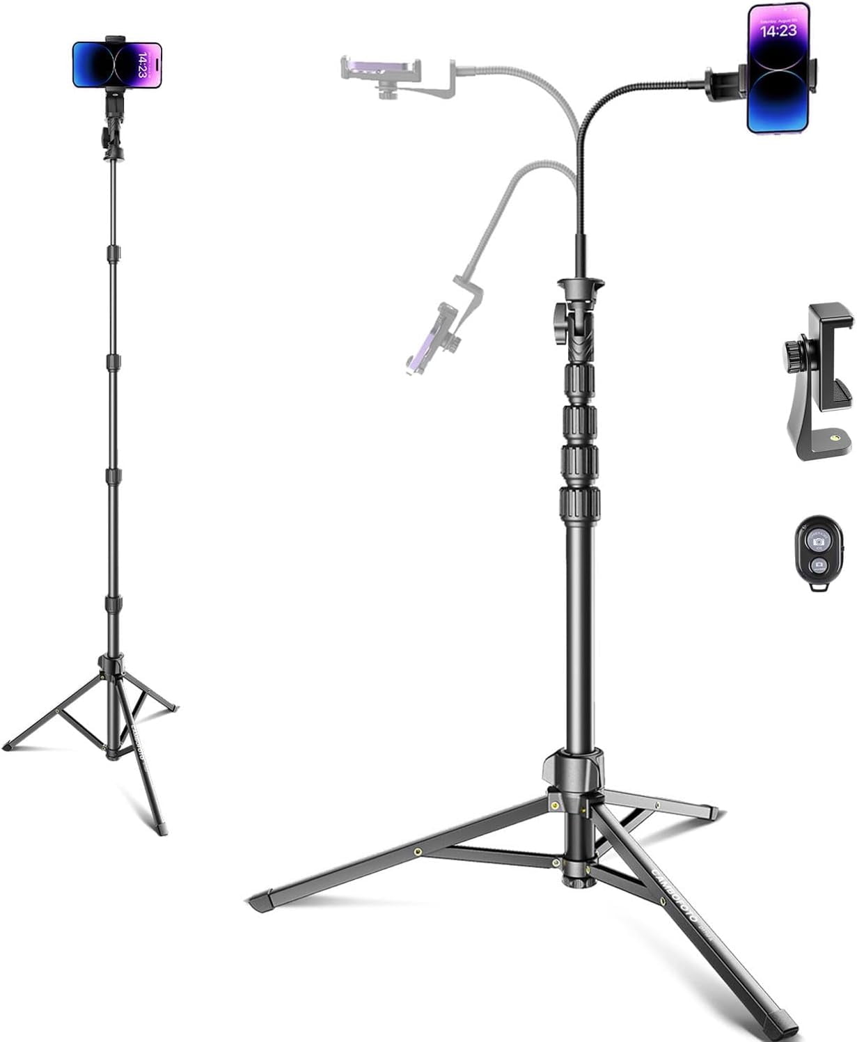 82" Phone Tripod Stand with Gooseneck, Remote and Holder, Selfie Stick & Overhead for Recording/Cooking/Fitness/Vlog, Compatible iPhone Android Samsung, Camera