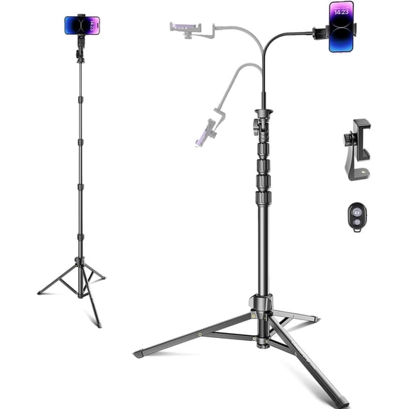82" Phone Tripod Stand with Gooseneck, Remote and Phone Holder, Selfie Stick & Overhead Tripod for Recording/Cooking/Fitness/Vlog, Compatible with iPhone Android Samsung, Camera
