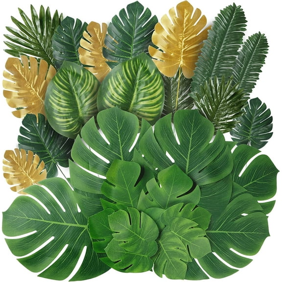82 Pieces 8 Kinds Artificial Tropical Palm Leaves Tropical Leaves Monstera Leaves Safari Jungle Leaf with Stems for Hawaiian Luau Party Beach Table Wedding Shower Birthday Theme Decorations