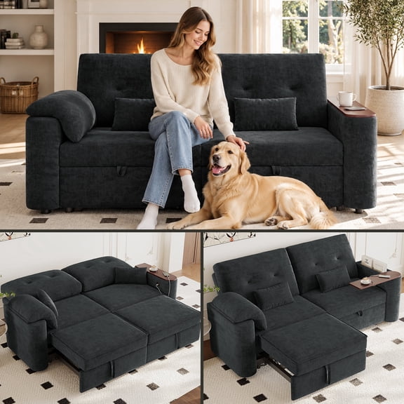 82" Queen Size Sofa Bed, Loveseat Sleeper Sofa with Pull Out Bed, Swivel Table and USB, Modern 2 Seater Convertible Chenille Couch for Living Room Bedroom Apartment,Black