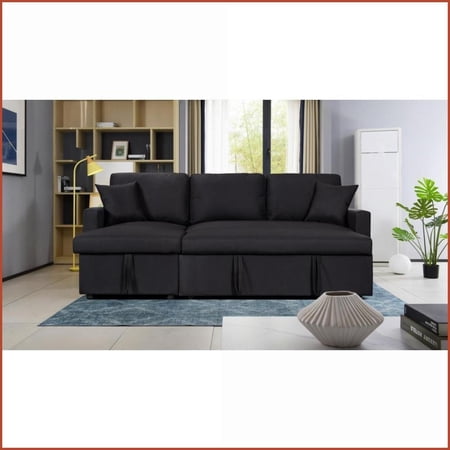 82" Reversible Sleeper Sectional Sofa with Storage Chaise – Black Linen Modern Living Room Couch | Black | Linen | Square Arms