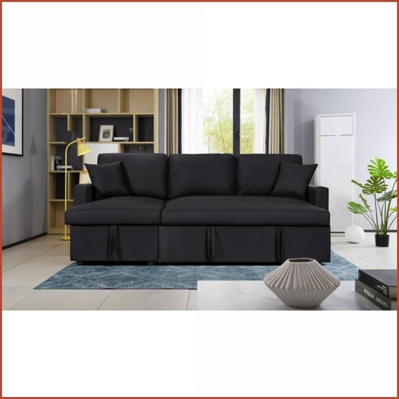 82" Reversible Sleeper Sectional Sofa with Storage Chaise – Black Linen Modern Living Room Couch | Black | Linen | Square Arms