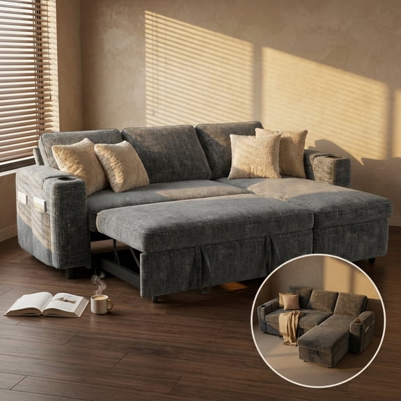 82" Sectional Sleeper Sofa with Pull Out Bed, Convertible L-Shaped Couch with Reversible Storage Chaise, 5-Level Reclining Backrest, Chenille, Dark Grey