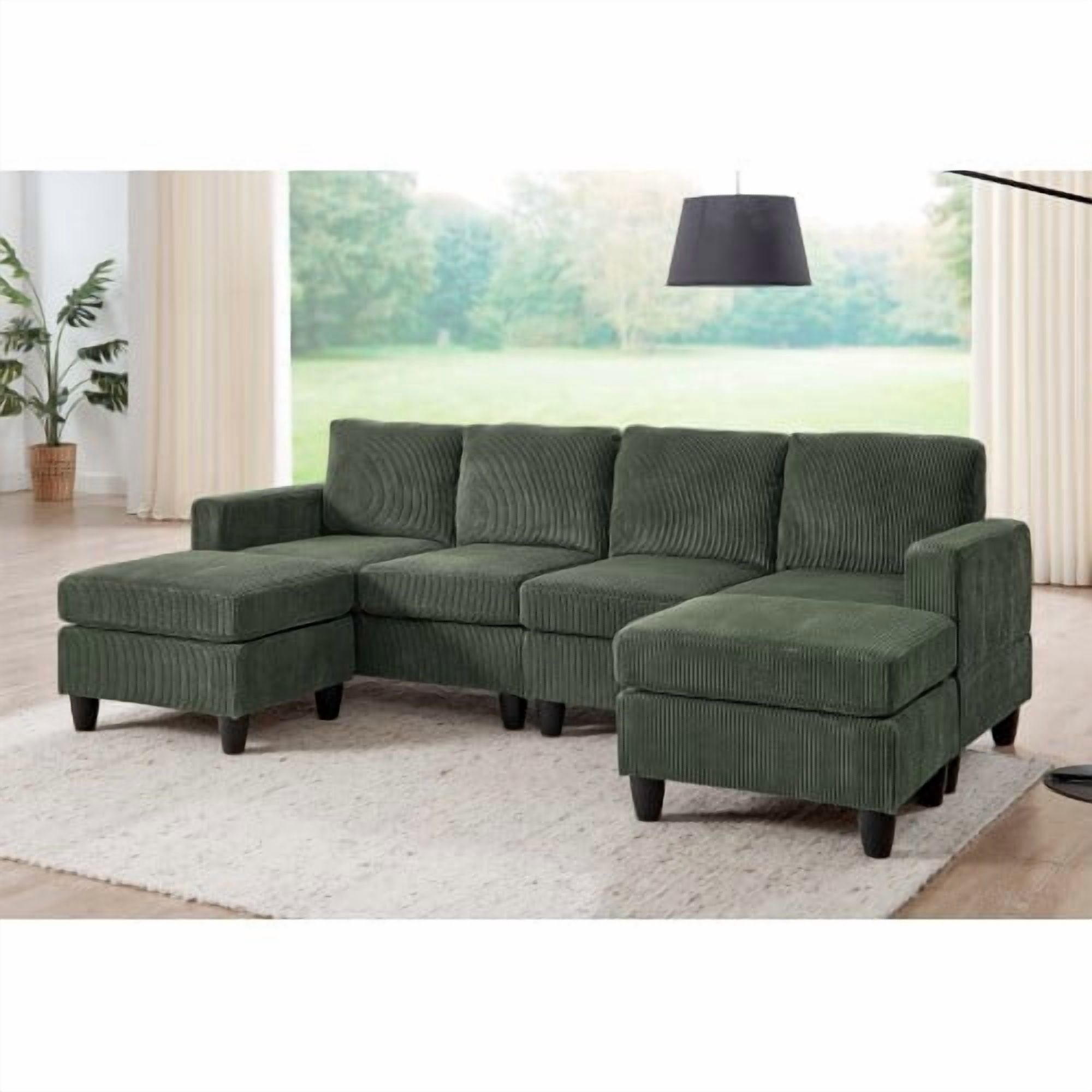 Howcool 106" Cloud Sectional Sofa with Extra Deep Seat,U Shaped Sectional Couches for Living Room,4 Seater Corduroy Sofas & Couches,Modern Apartment Couch with Double Chaise Lounge,Green