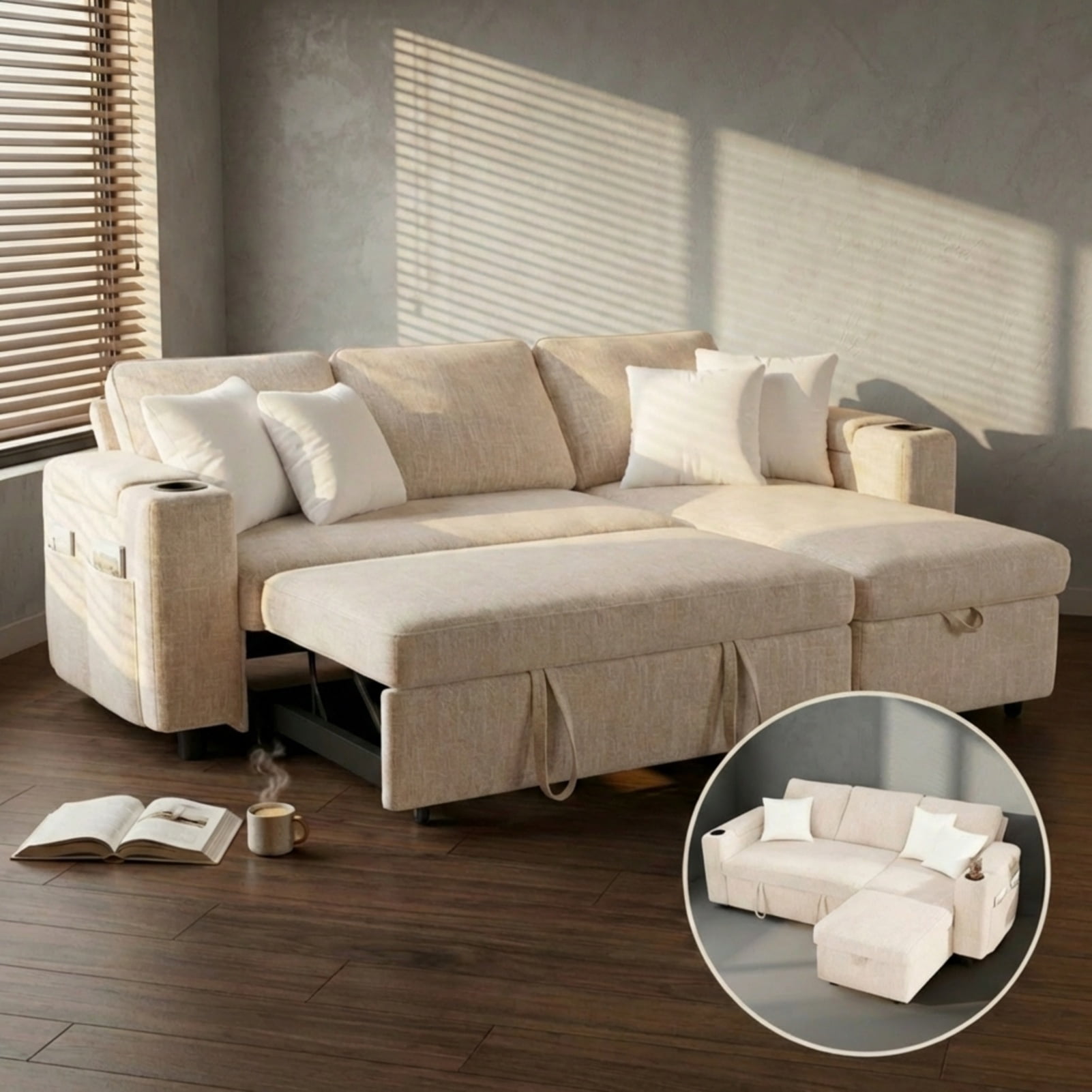 82" Sleeper Sofa Bed with Pull Out Couch, L-Shaped Sectional Sofa with Reversible Storage Chaise, Cup Holders & Side Pockets, Premium Chenille Fabric, Beige
