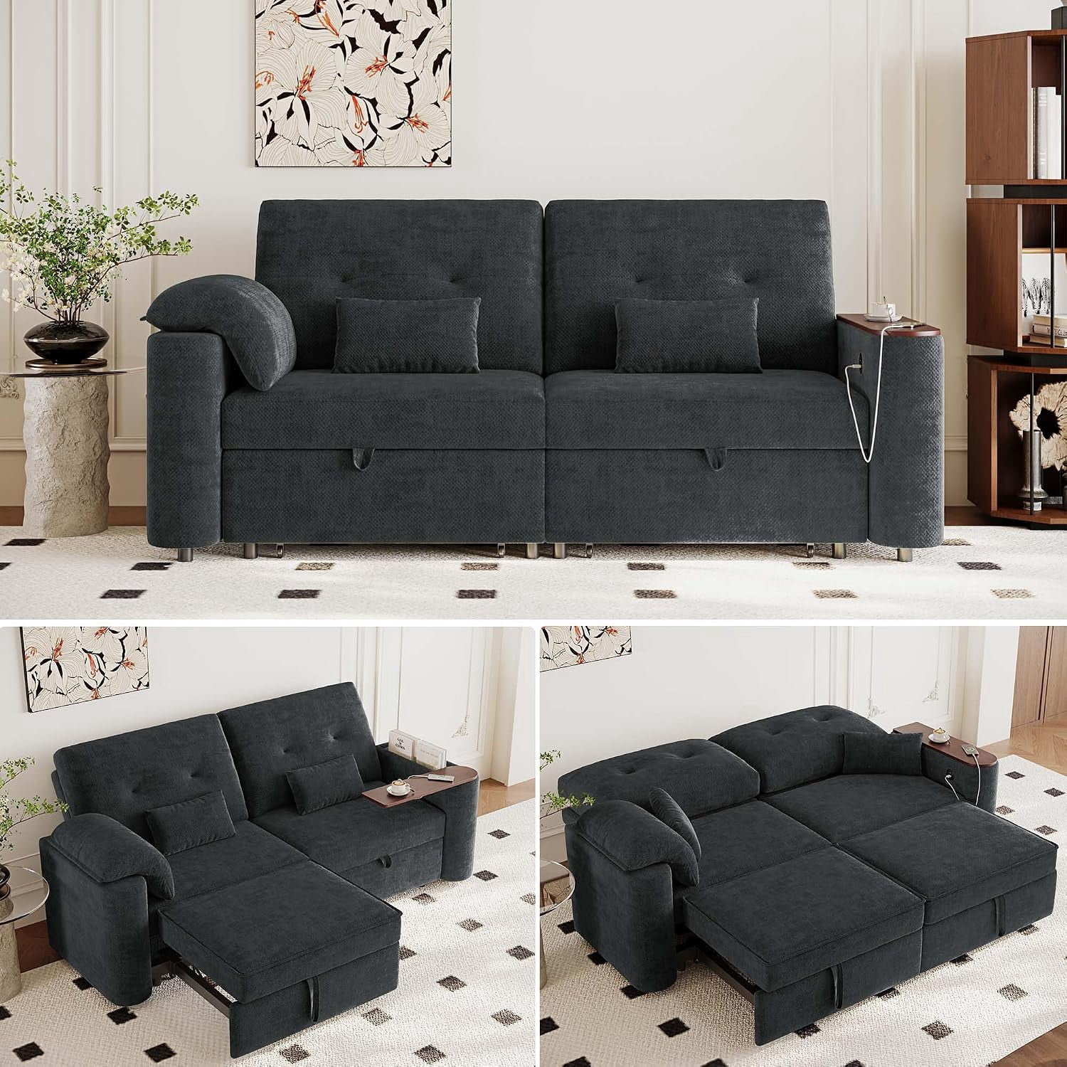 82'' Sleeper Sofa Bed Queen, Pull Out Couch for RVs & Living Rooms, Black,3-in-1 Convertible Sofa with USB & Table, Armrest Storage, 3 Pillows, for Movie Nights, Corduroy Loveseat for Camper, Balcony