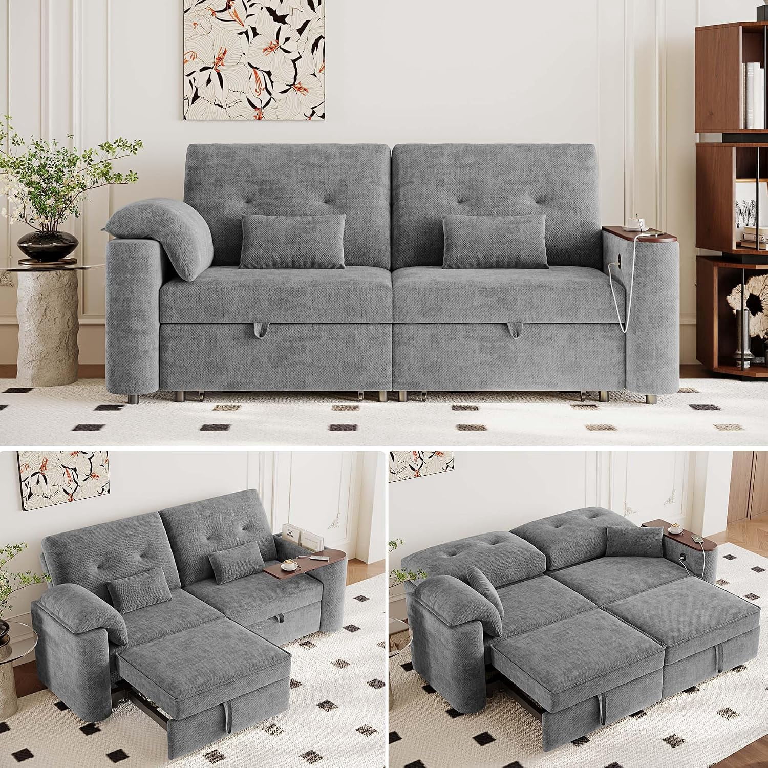 82'' Sleeper Sofa Bed Queen, Pull Out Couch for RVs & Living Rooms, Gray,3-in-1 Convertible Sofa with USB & Table, Armrest Storage, 3 Pillows, for Movie Nights, Corduroy Loveseat for Camper, Balcony