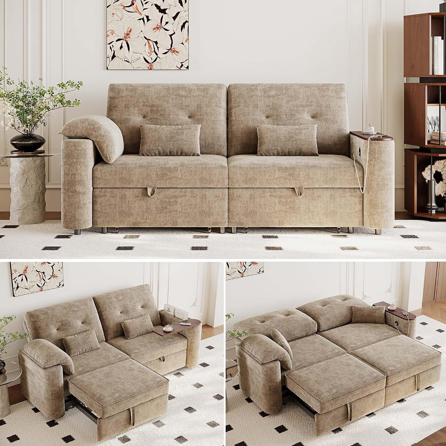 82'' Sleeper Sofa Bed Queen, Pull Out Couch for RVs & Living Rooms, Khaki,3-in-1 Convertible Sofa with USB & Table, Armrest Storage, 3 Pillows, for Movie Nights, Corduroy Loveseat for Camper, Balcony